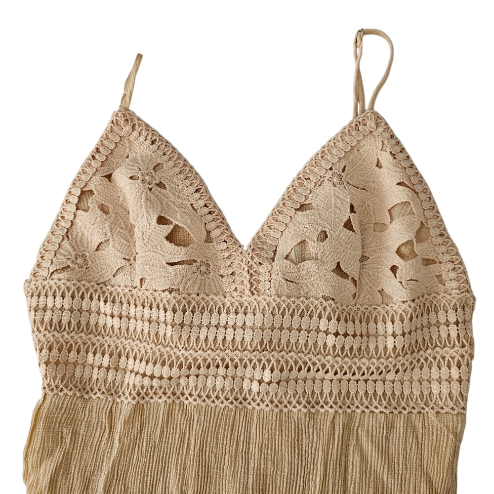 Love Tree Large Beige Crochet Lace Tiered Mini Dress Boho Sun Dress Open Back - Picture 3 of 9